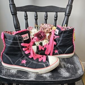 Converse Black and Pink High-Top Sneakers With Skulls & Ruffles Size 5